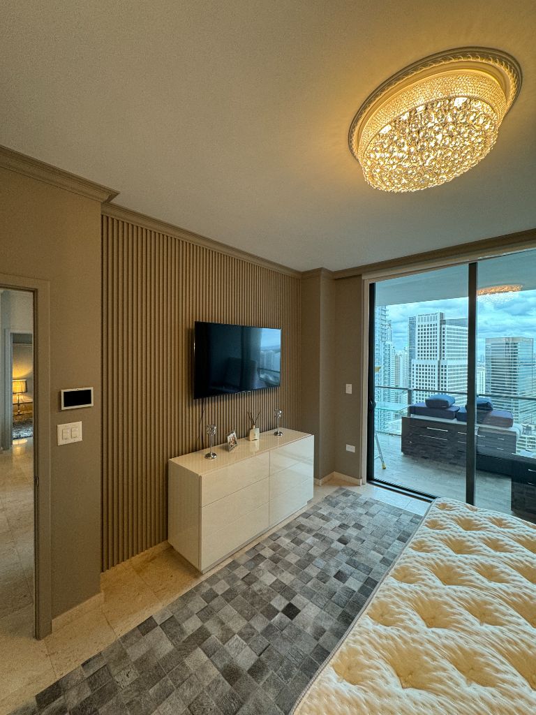 Modern bedroom with textured wall